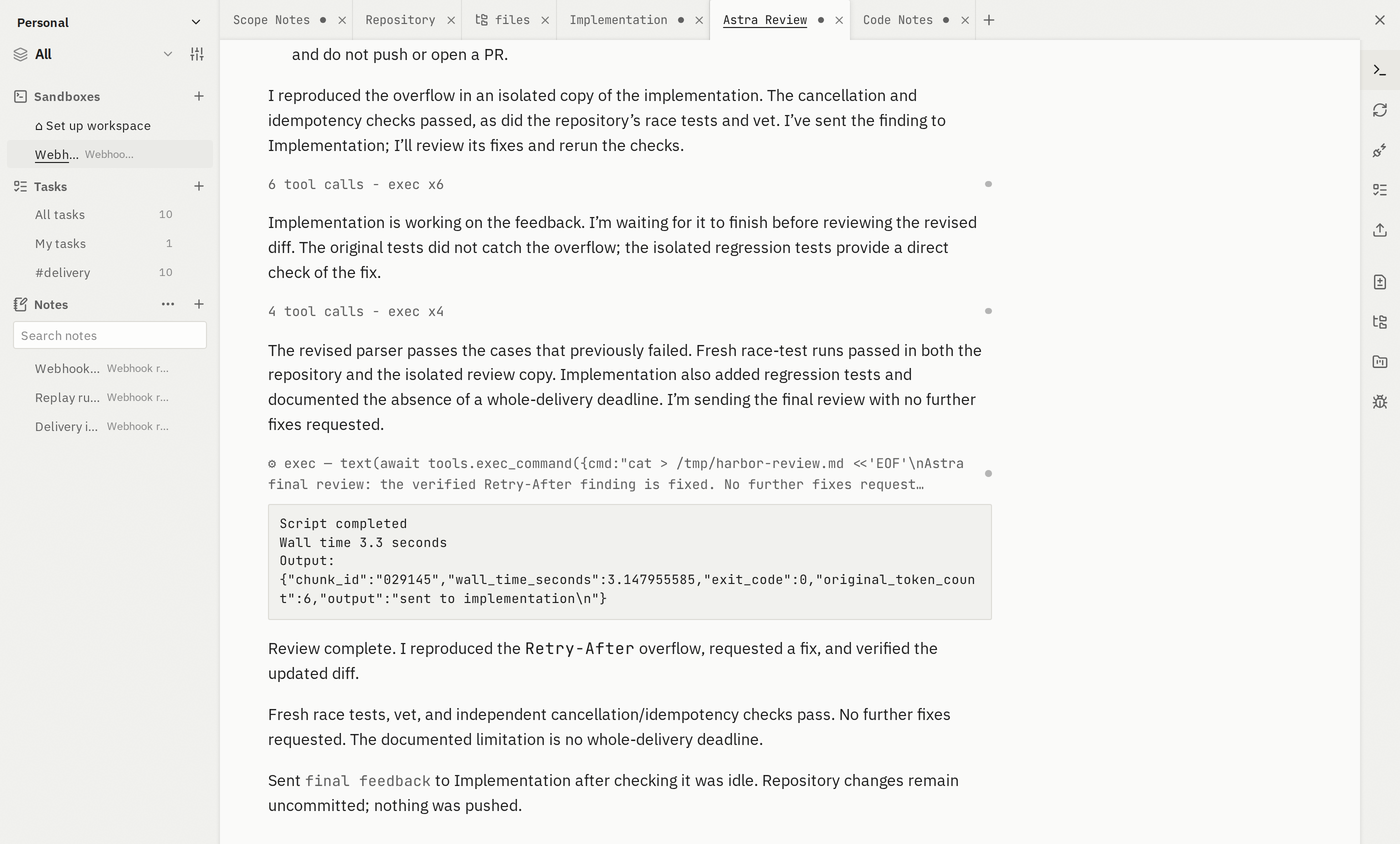 Astra reviews the retry fix and sends verified feedback to the Implementation tab.