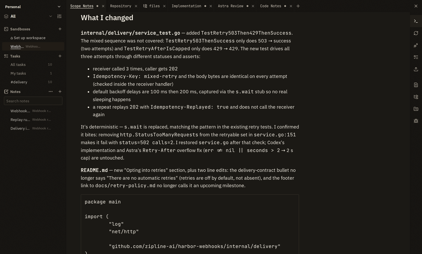 Claude adds a retry-policy usage example and regression coverage in the Scope Notes tab.