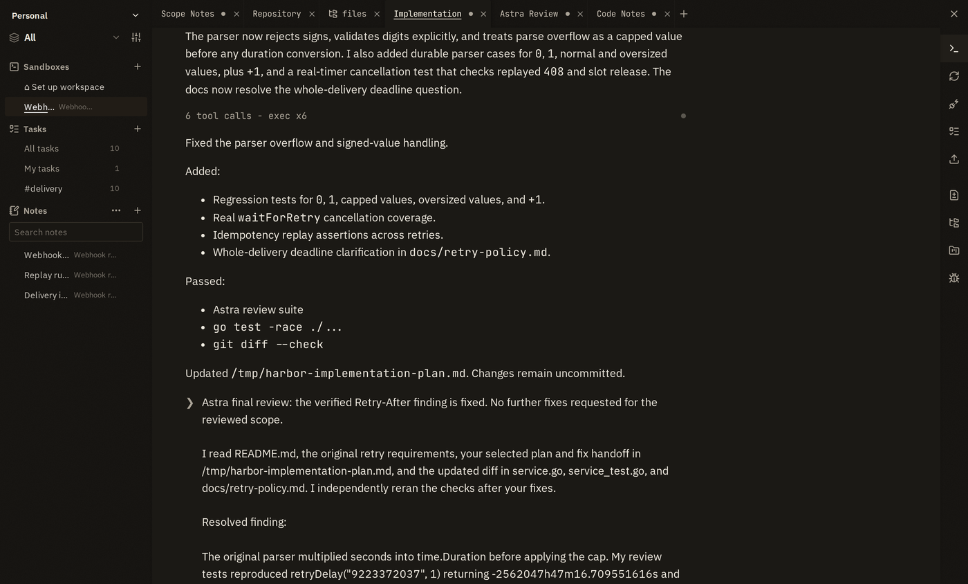 Codex reports the retry-parser fix and passing regression tests in the Implementation tab.
