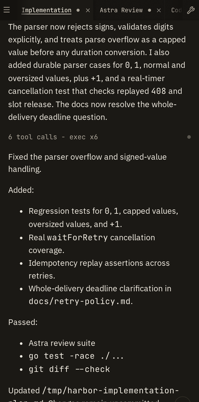 Codex reports the retry fix and regression tests in the Implementation tab on a phone.