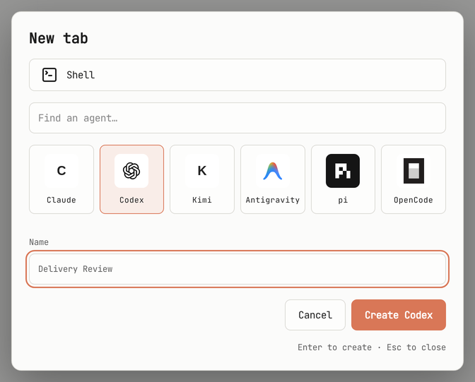 Choose Codex from the agent grid and name the tab Delivery Review.