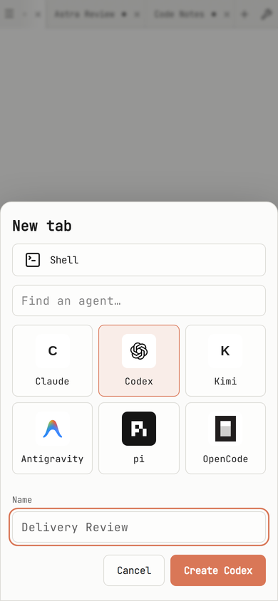 Choose Codex from the agent grid and name the tab Delivery Review.